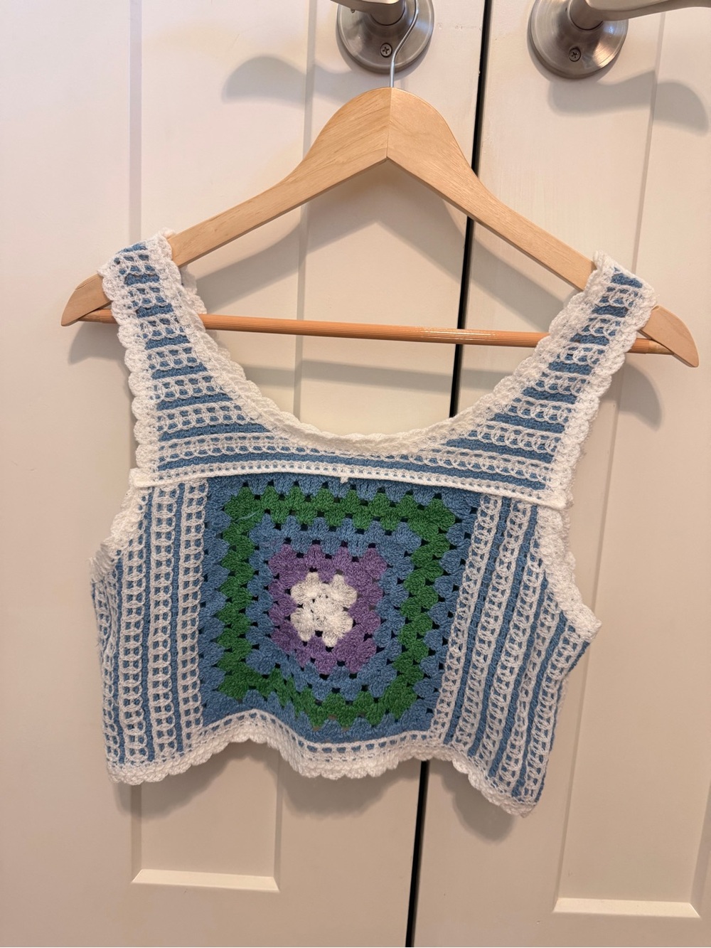 Crochet Square-Panel Tank Top - White & Blue with Purple & Green